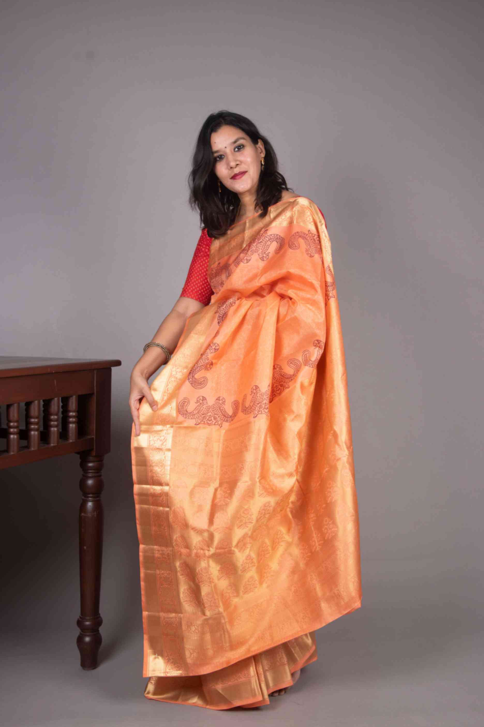 Peach Kanjivaram, Traditional Weave