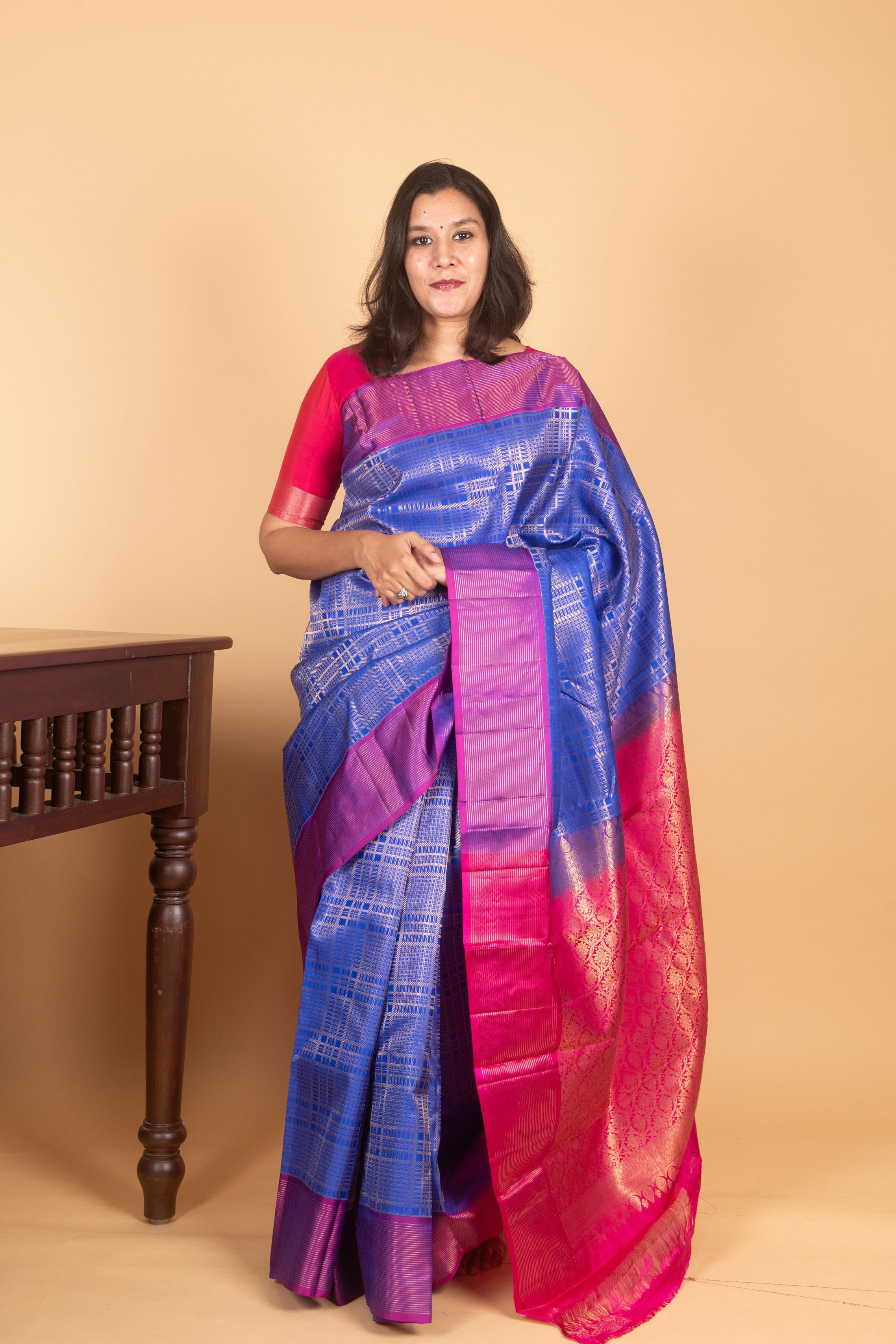 Dark Blue Kanjivaram, Zari Checks