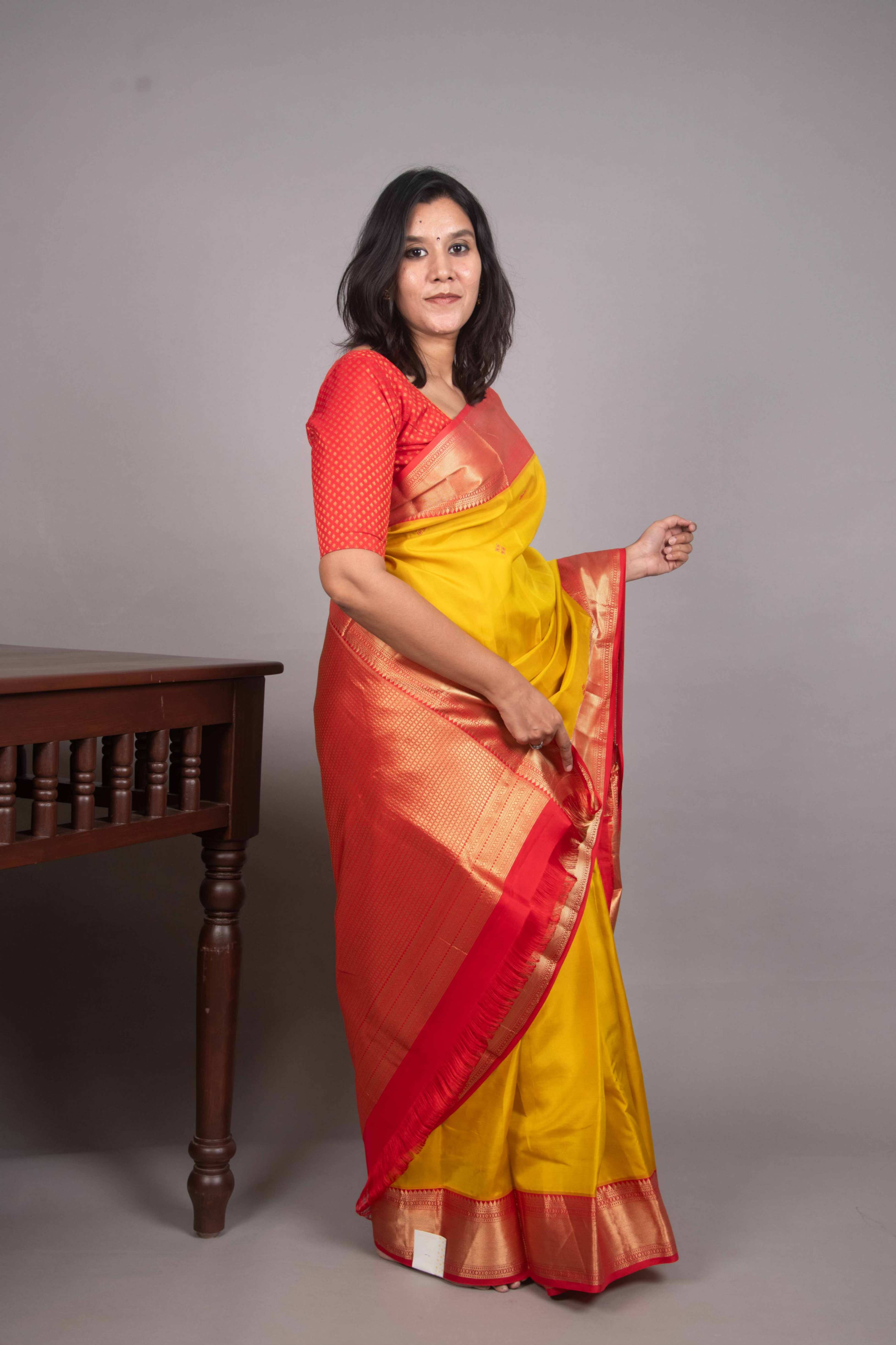 Yellow Silk Saree with Needle Embroidery