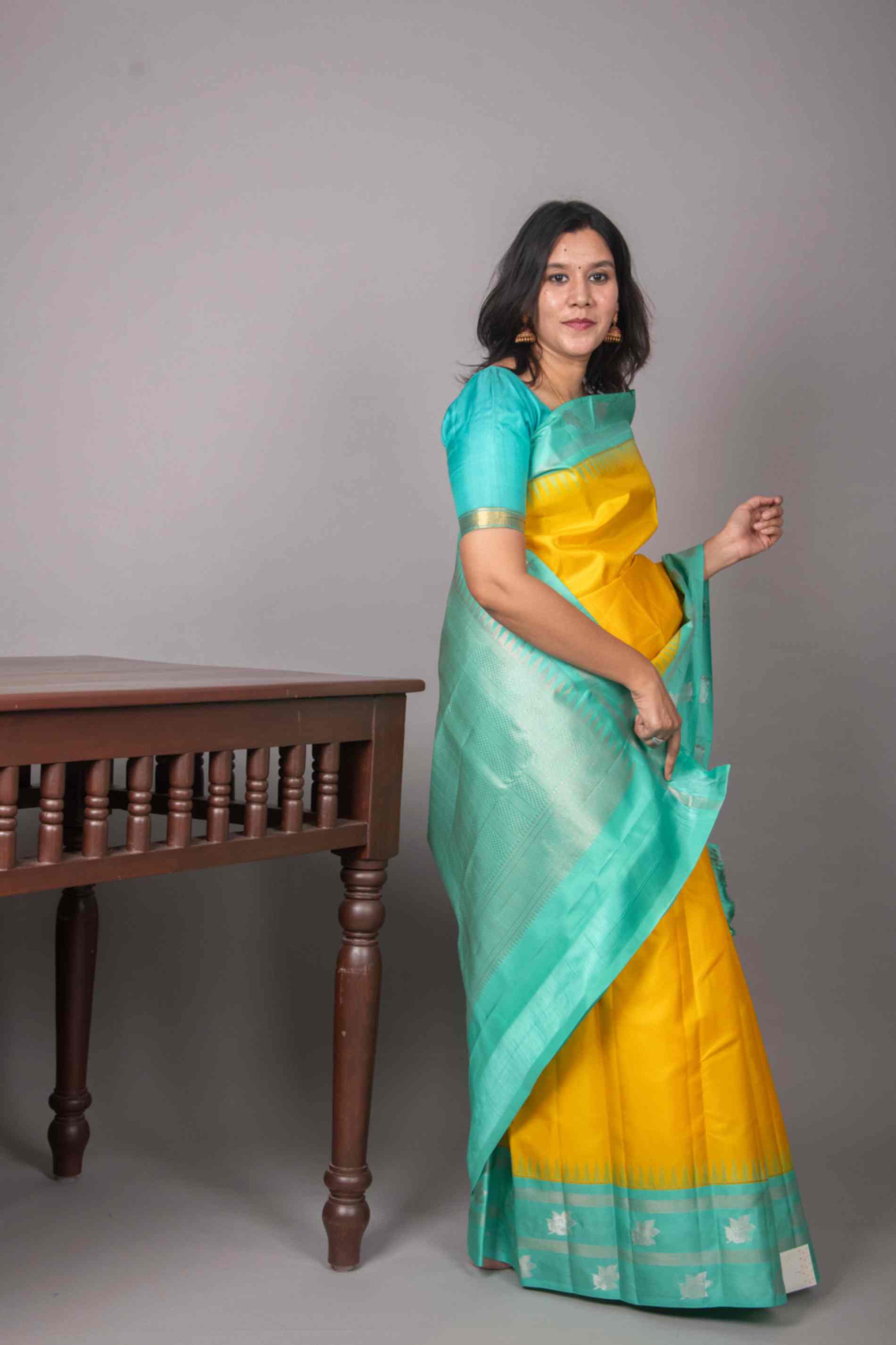Yellow Silk Saree with Temple Border