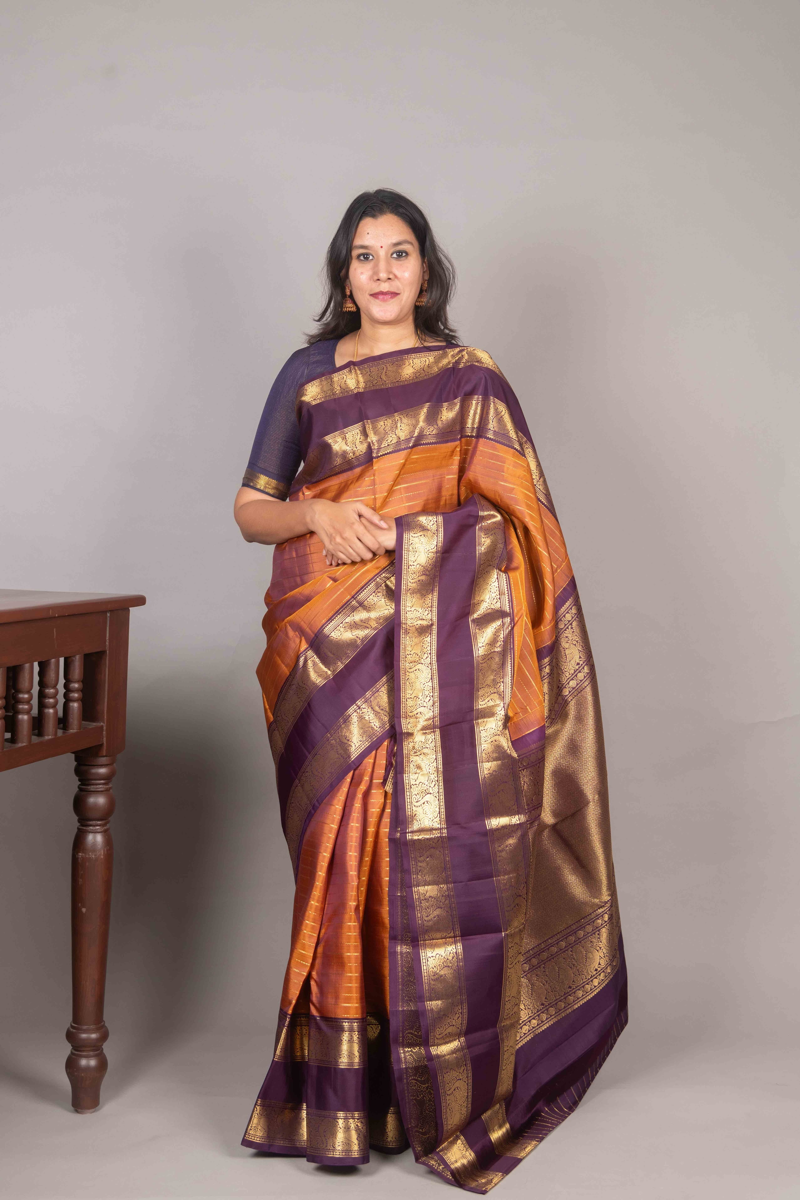 Honey Orange Kanjivaram with Retta Pettu Border