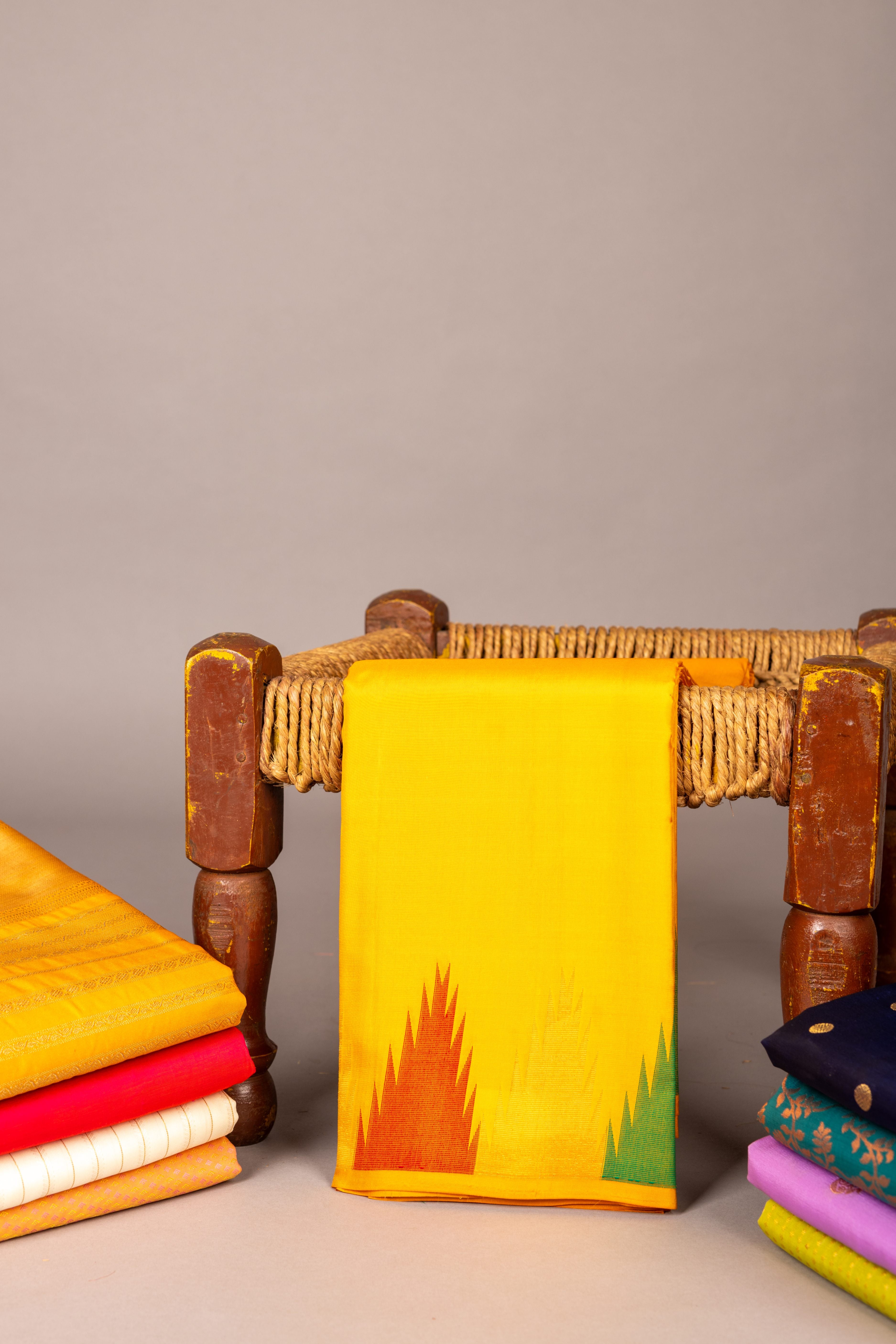 Yellow Silk Saree with Temple Border