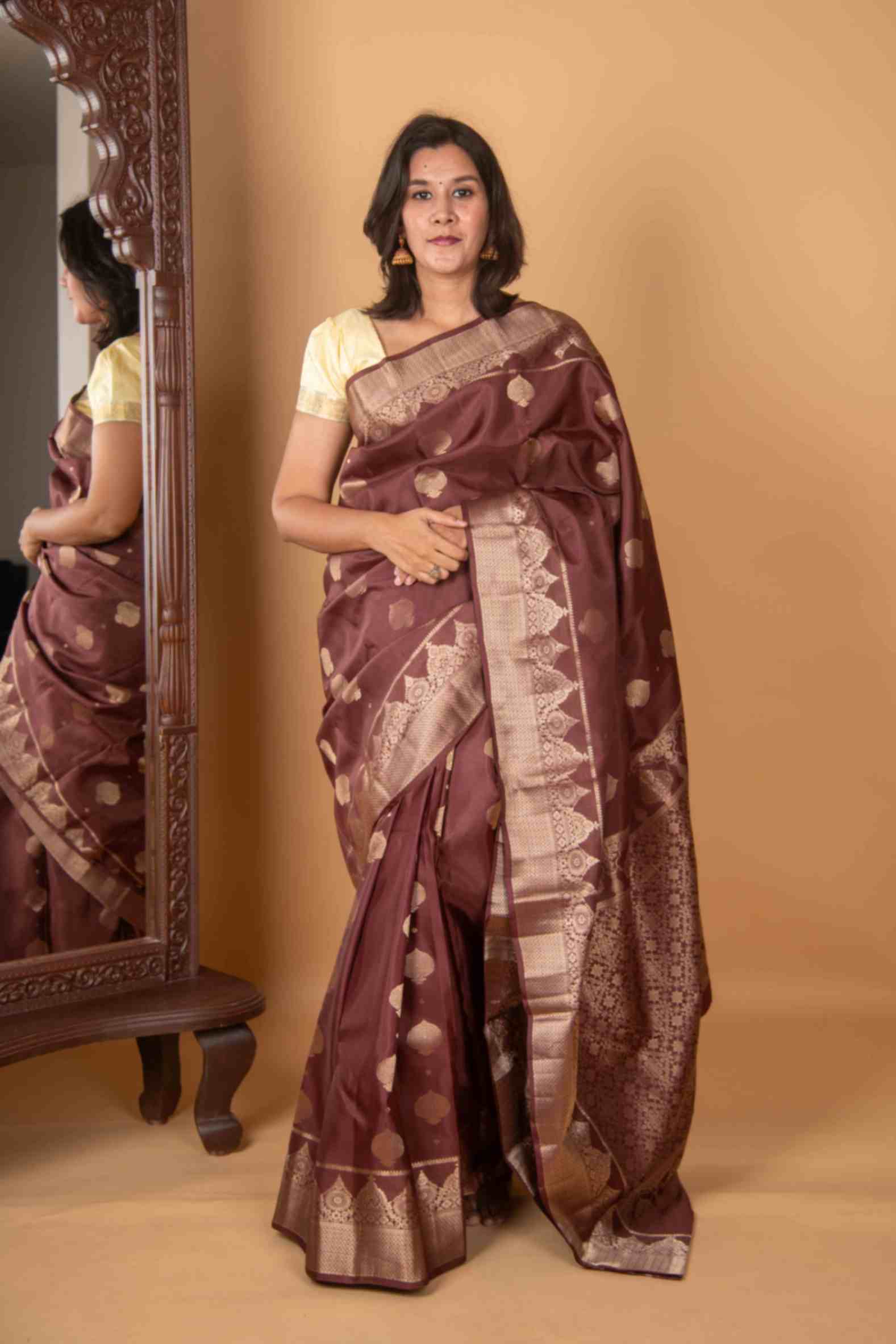 Brown Silk Saree with Gold Buttas