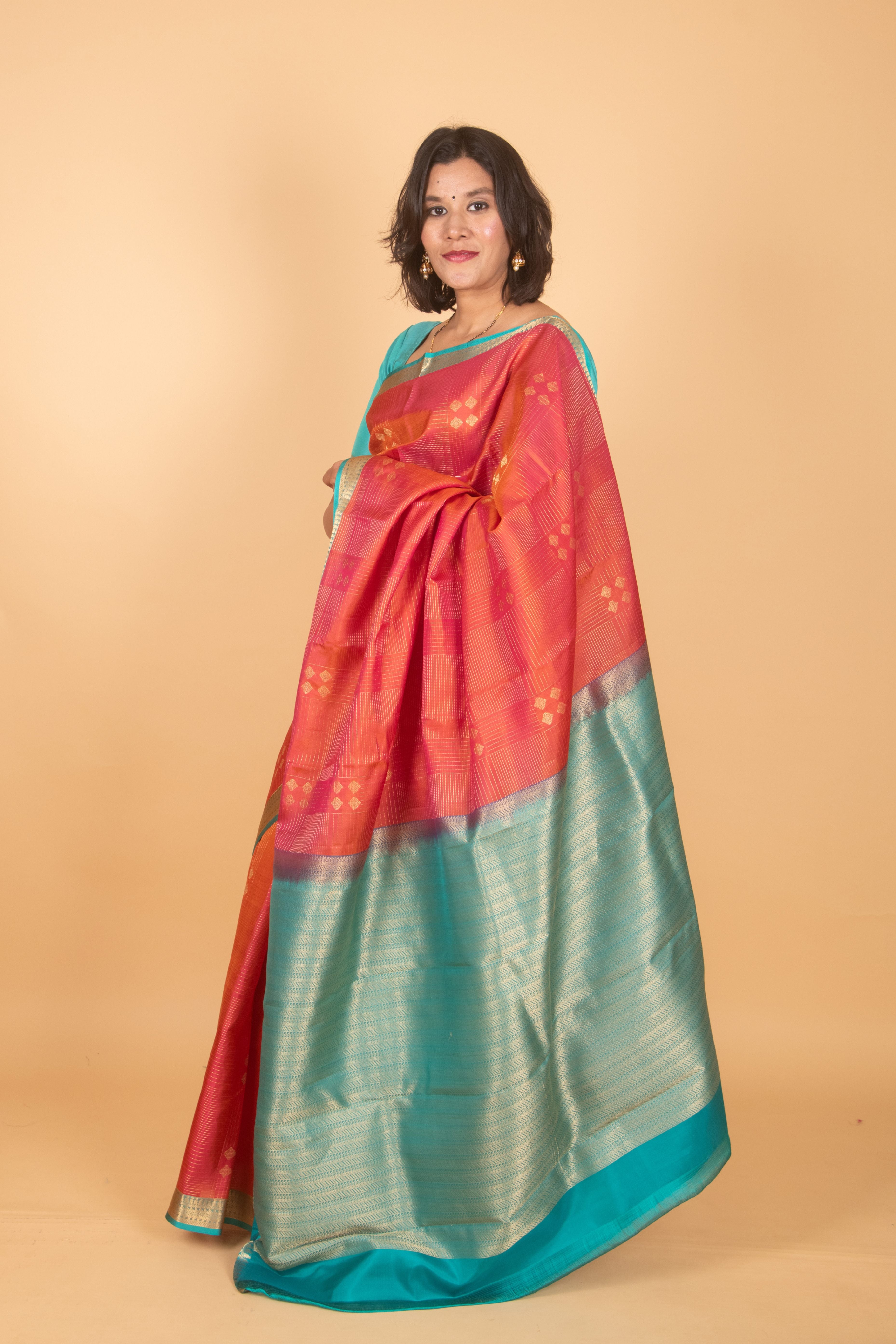 Dual Tone Orange Kanjivaram, Traditional Weave