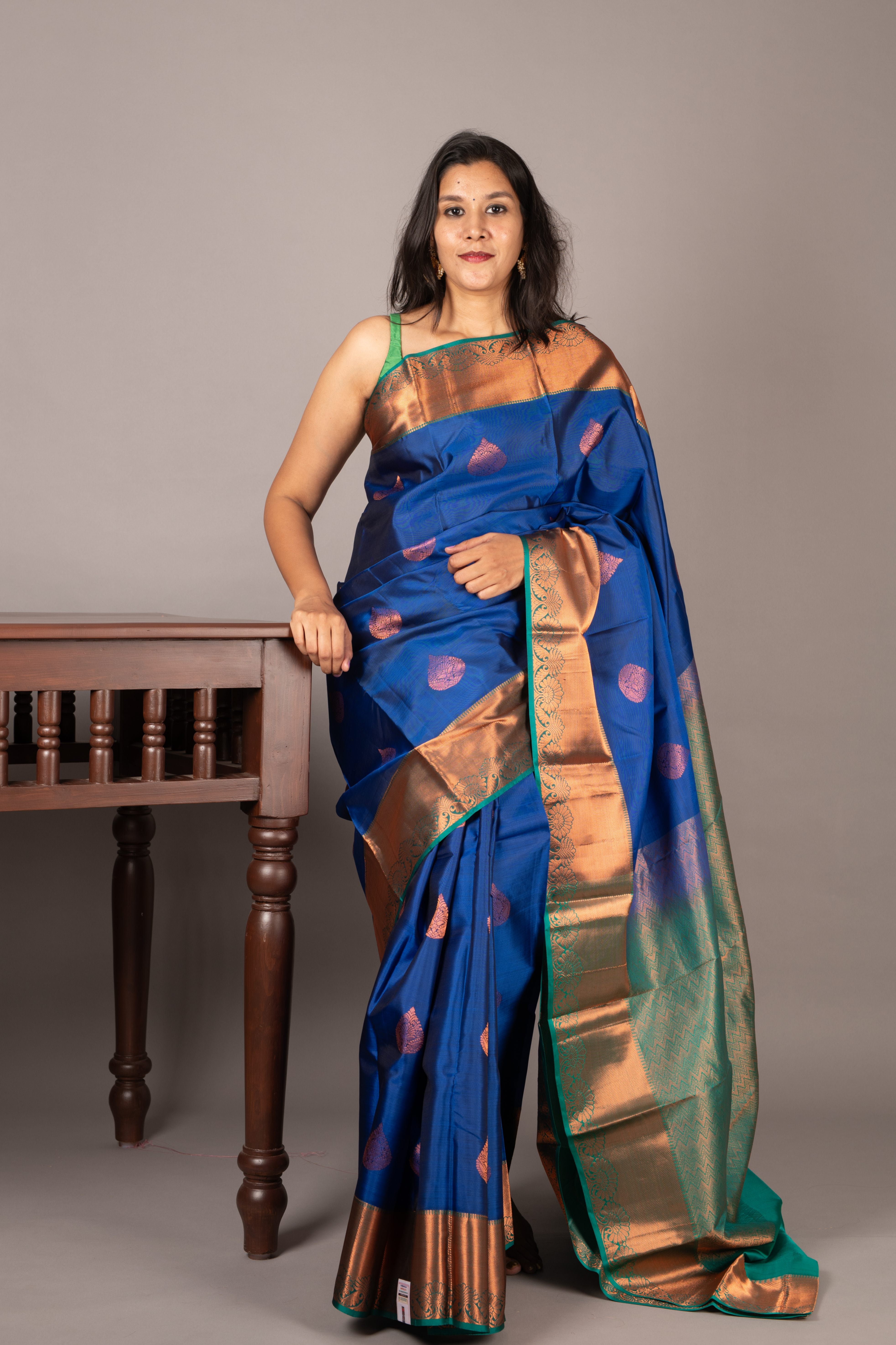 Blue Silk Saree with Woven Buttas