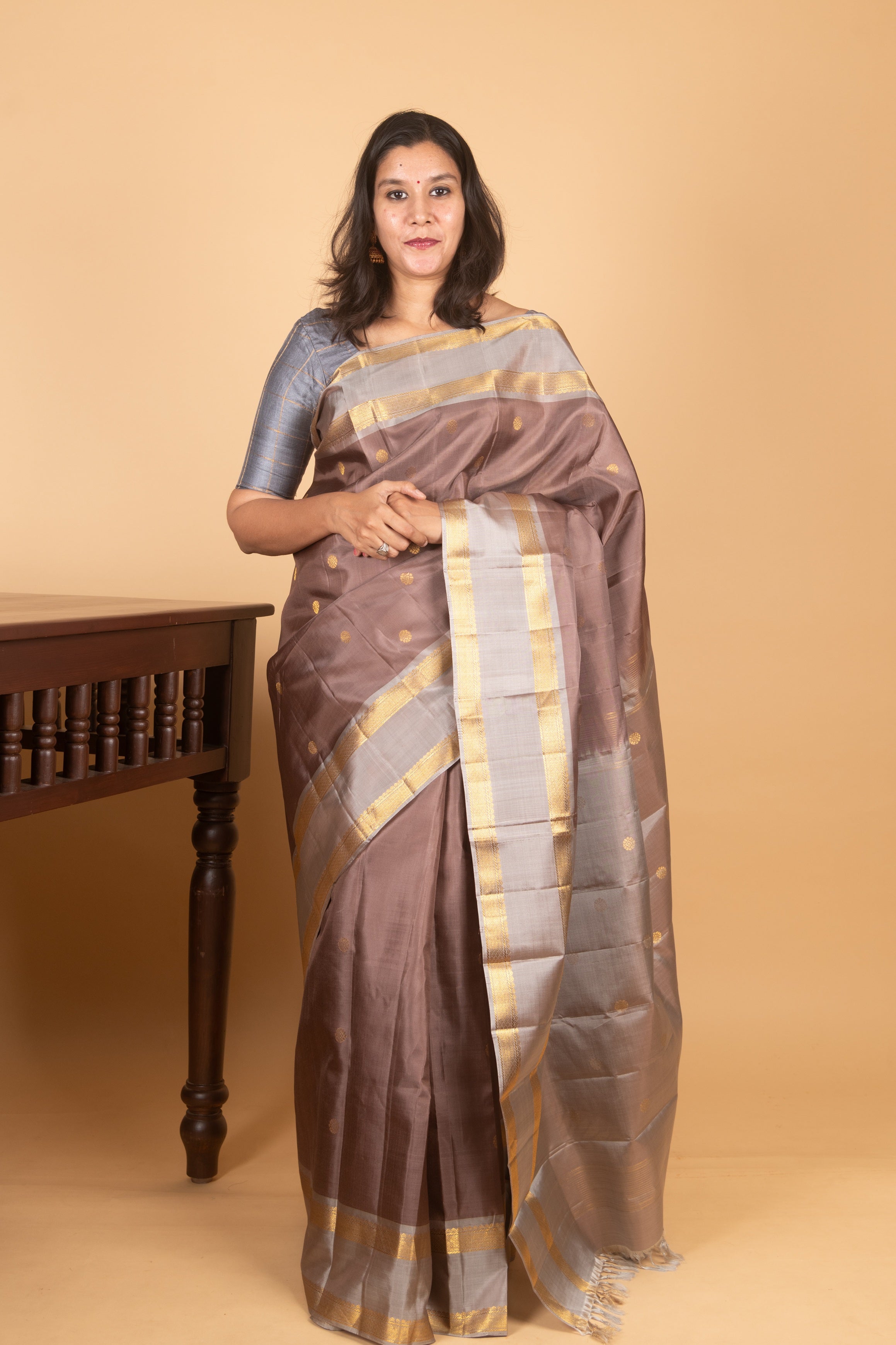 Coffee Brown Silk Saree with Retta Pettu Border