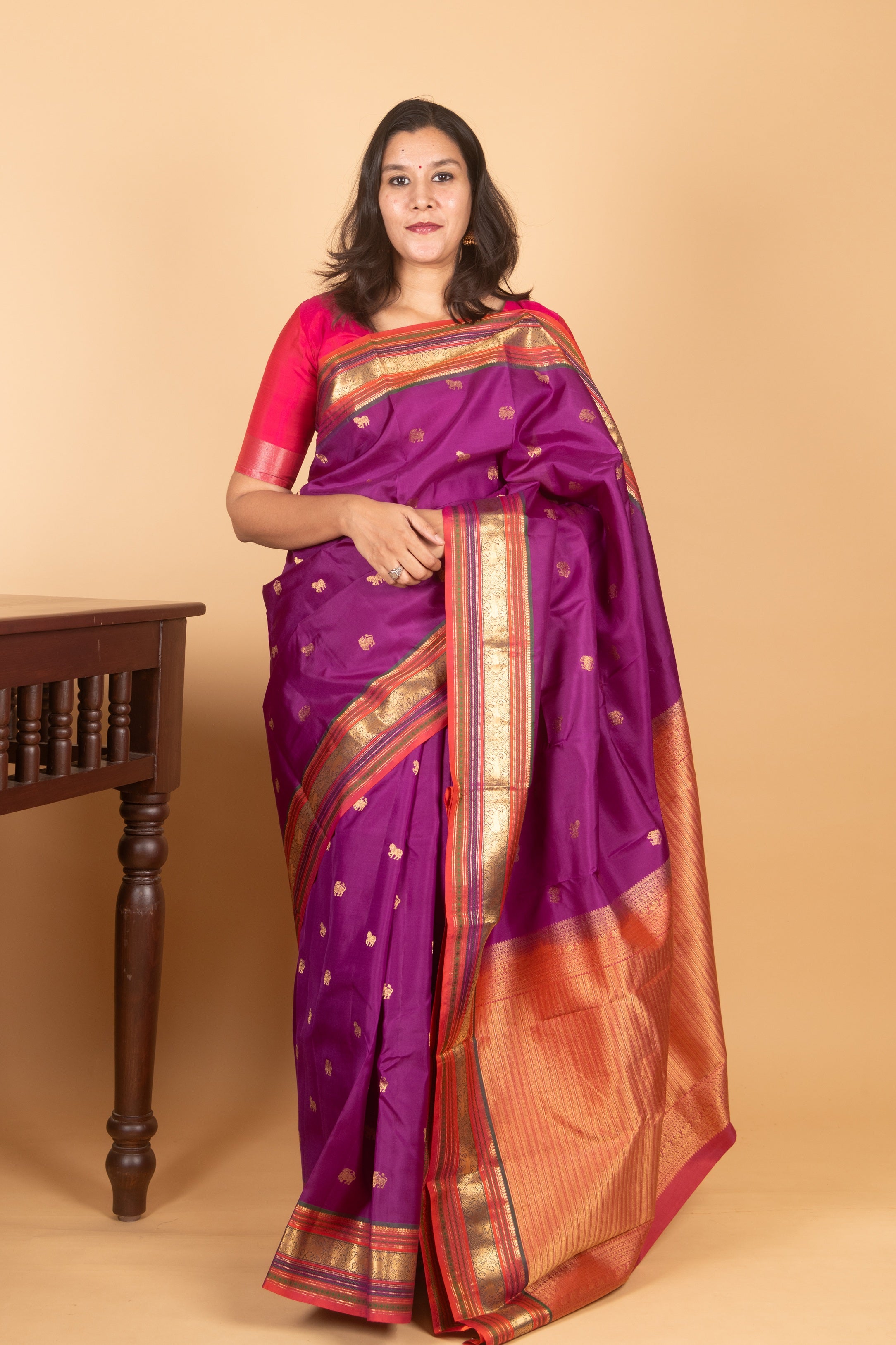 Violet Silk Saree, Temple Border