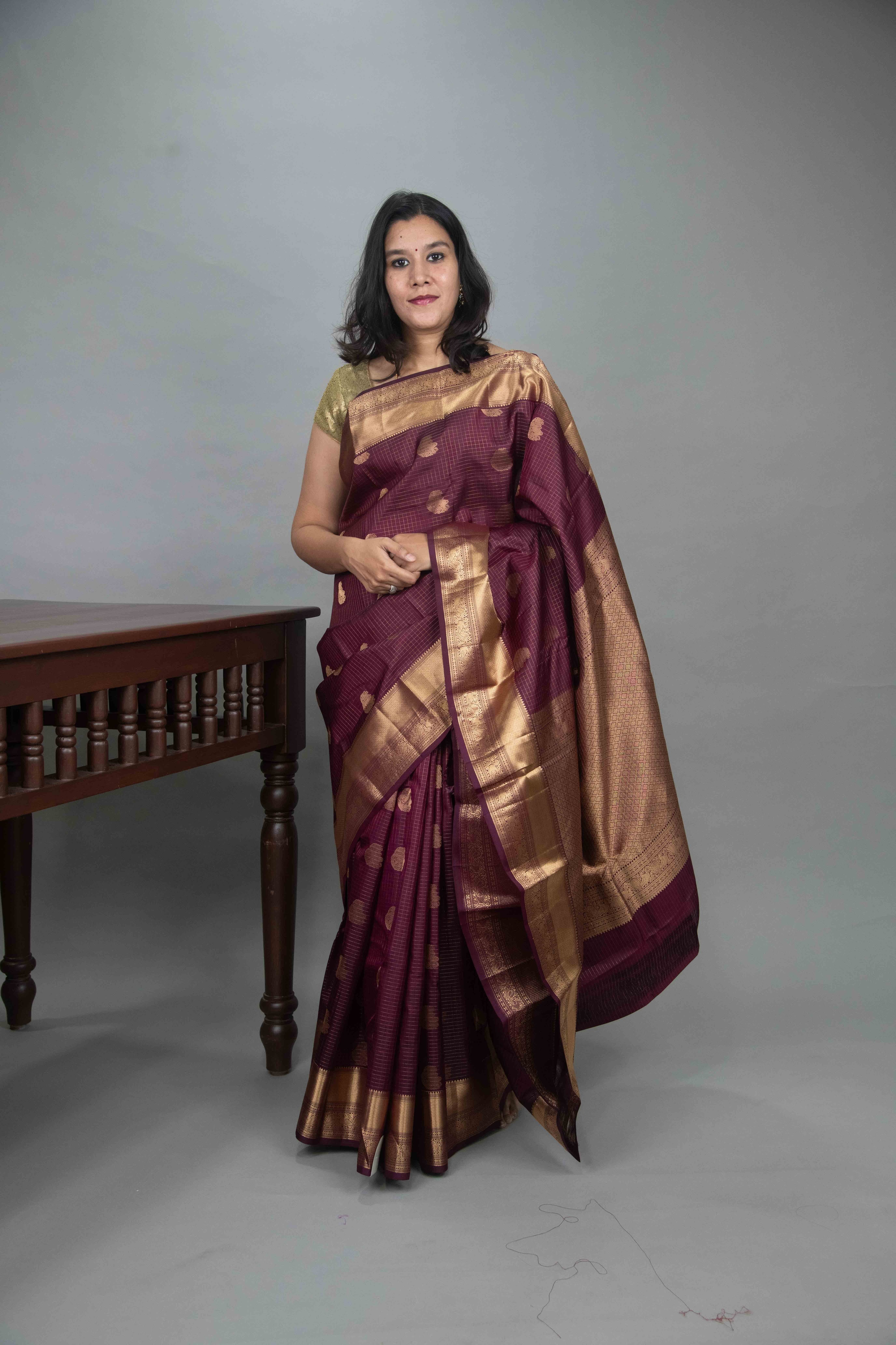 Wine Purple Kanjivaram, Zari Checks