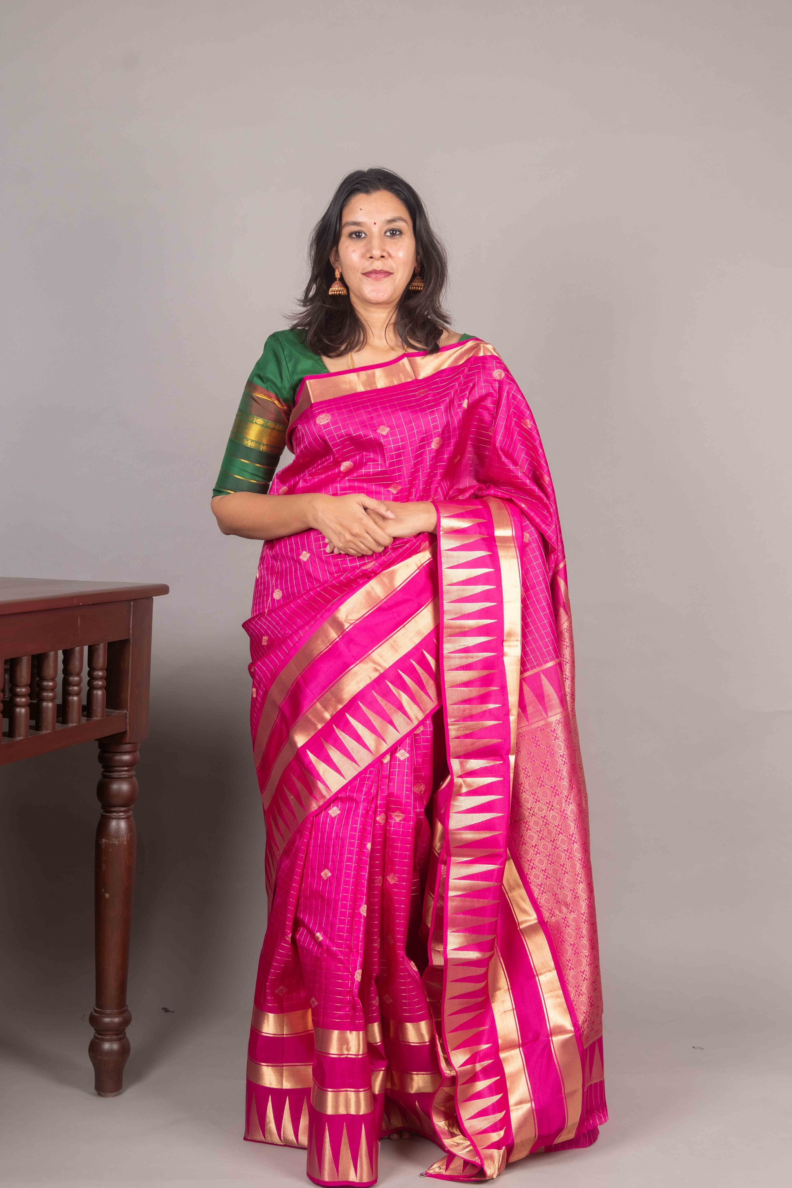 Pink Silk Saree with Temple Border