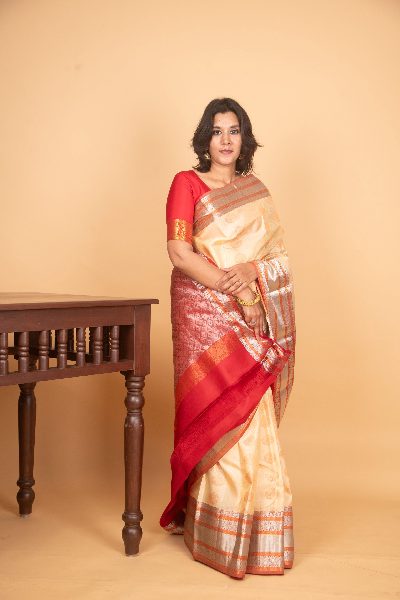 Cream Silk Saree, Woven Buttas