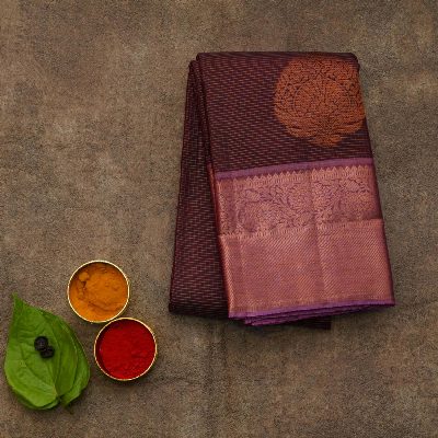 Brown Silk Saree, Zari Checks