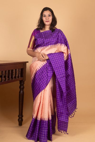 Peach Zero-Zari Kanjivaram with Temple Border