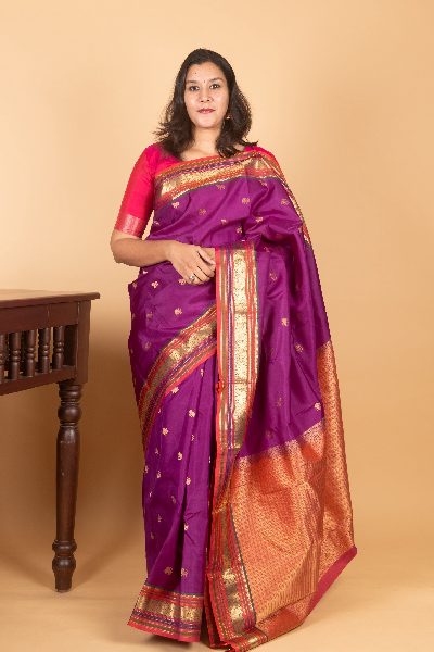 Violet Silk Saree, Temple Border