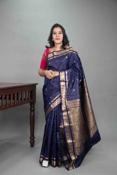 Indigo Blue Kanjivaram with Retta Pettu Border