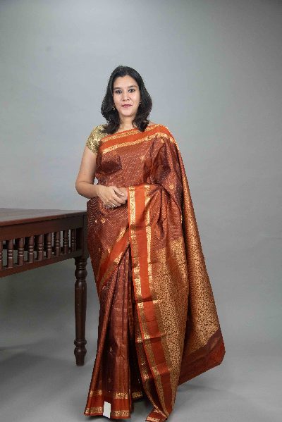Rust Orange Silk Saree with Retta Pettu Border