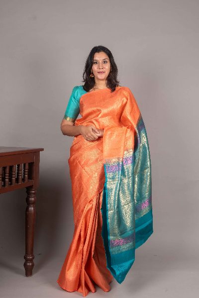 Peach Silk Saree with No Border