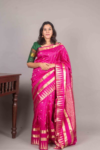Pink Silk Saree with Temple Border
