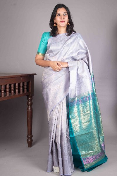 Blue Grey Silk Saree with No Border