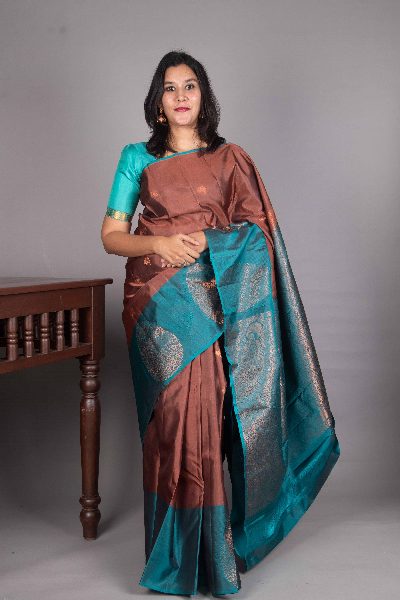 Brown Silk Saree, Woven Buttas