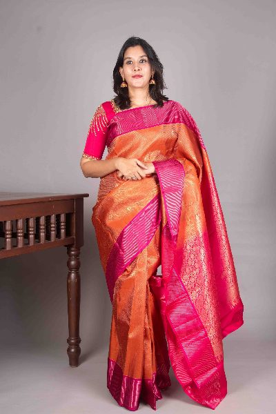Orange Silk Saree, Vaira Oosi Lines