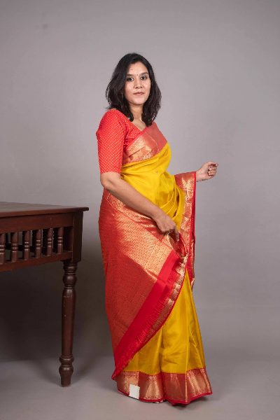 Yellow Silk Saree with Needle Embroidery