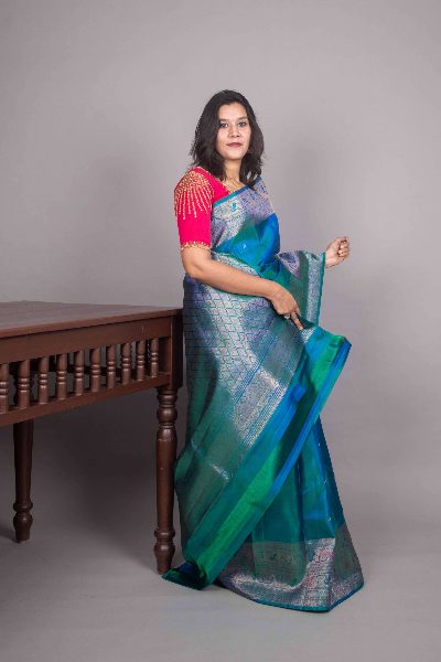 Peacock Blue Silk Saree, Traditional Weave