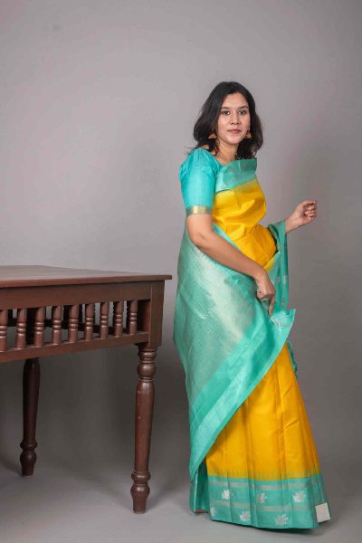 Yellow Silk Saree with Temple Border