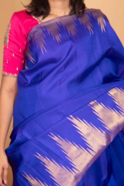 Blue Silk Saree with Temple Border
