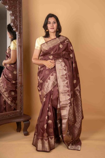 Brown Silk Saree with Gold Buttas