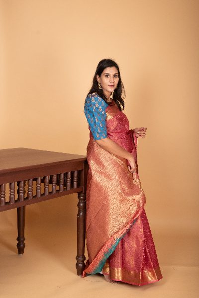 Candy Pink Silk Saree, Tissue Finish