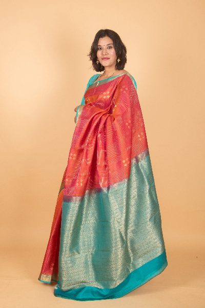 Dual Tone Orange Kanjivaram, Traditional Weave