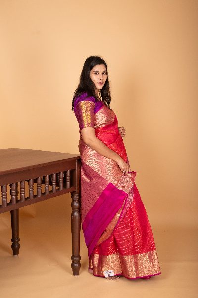 Dual Tone Pinkish Red Silk Saree with Vaira Oosi Lines